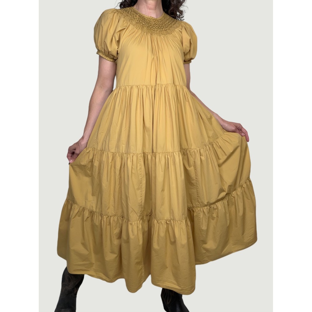 Doen Gilda Dress Wheat Smocked Organic Cotton Maxi Puff Sleeve *Missing Belt* S